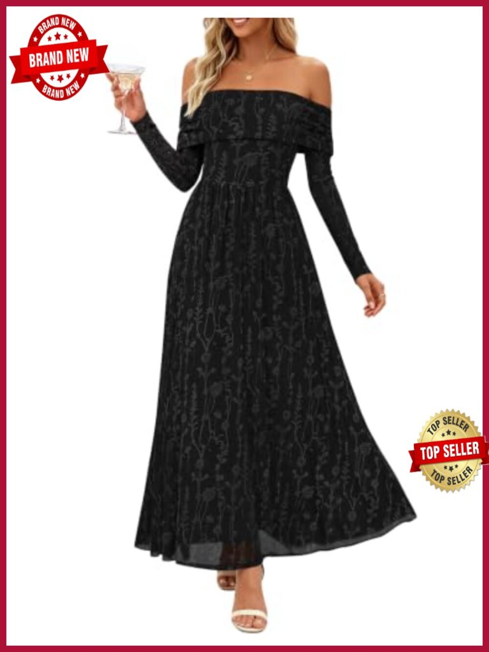 Off Shoulder Maxi Dress Floral Long Sleeve Wedding Guest Formal